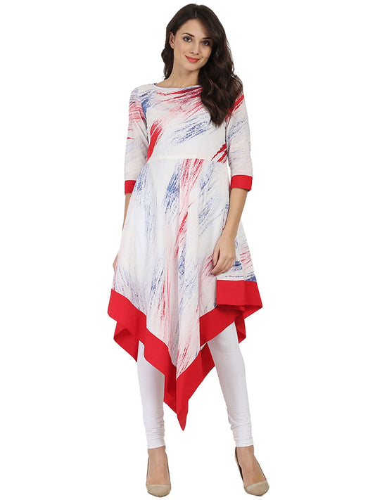 Women's White Tye Dye Half Sleeve Cotton A-Line Assymetric Kurta