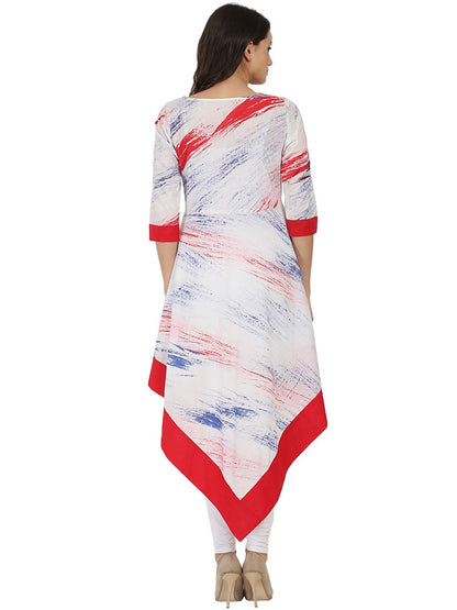 Women's White Tye Dye Half Sleeve Cotton A-Line Assymetric Kurta