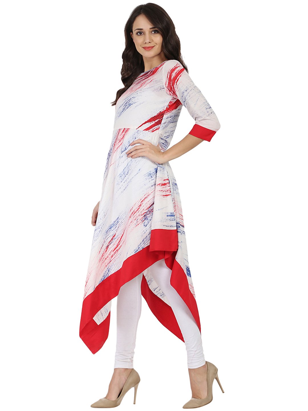 Women's White Tye Dye Half Sleeve Cotton A-Line Assymetric Kurta