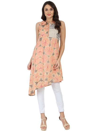 Women's Peach Printed Sleeveless Cotton A-Line Kurta