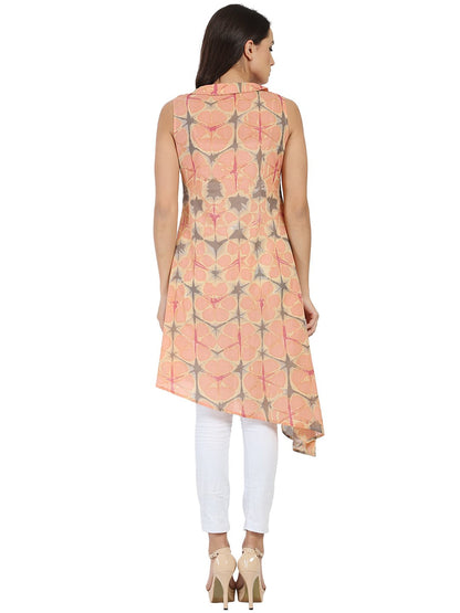 Women's Peach Printed Sleeveless Cotton A-Line Kurta