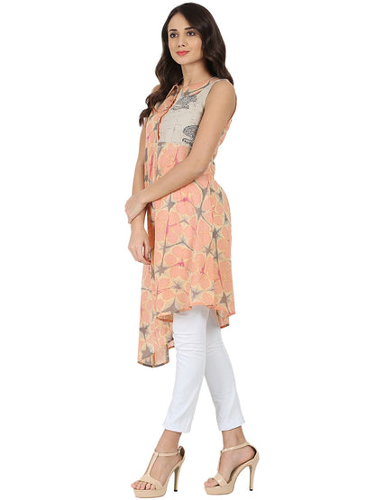 Women's Peach Printed Sleeveless Cotton A-Line Kurta