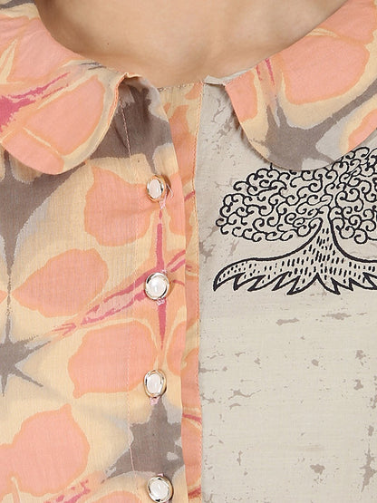 Women's Peach Printed Sleeveless Cotton A-Line Kurta