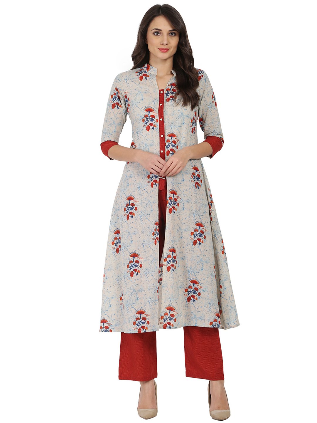 Women's White & Red Printed Half Sleeve Cotton Double Layer Kurta