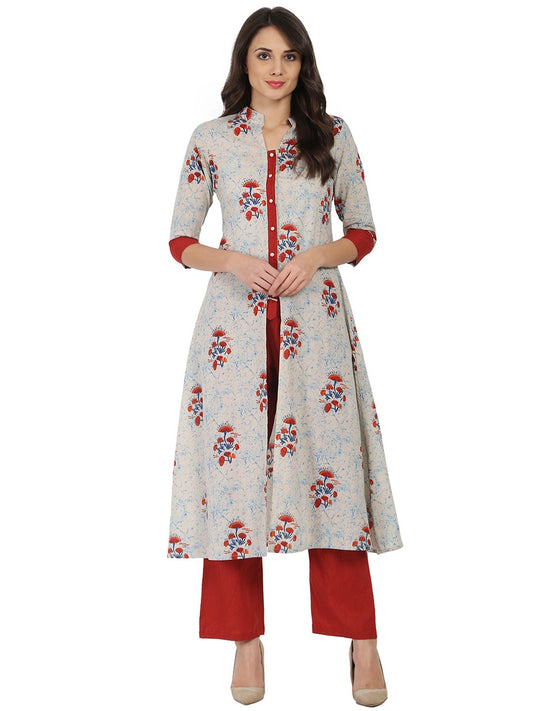 Women's White & Red Printed Half Sleeve Cotton Double Layer Kurta