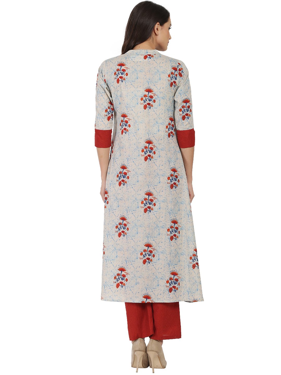 Women's White & Red Printed Half Sleeve Cotton Double Layer Kurta