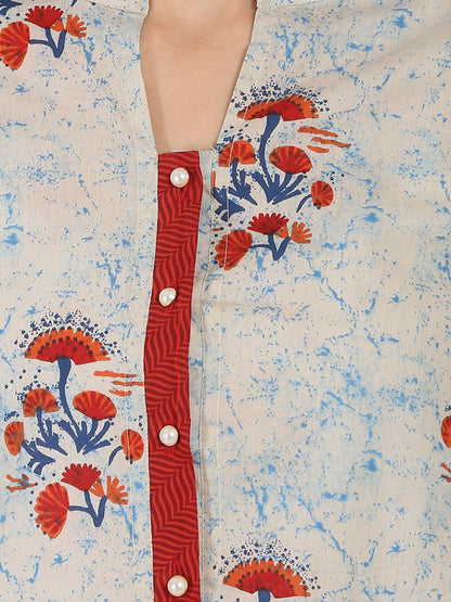 Women's White & Red Printed Half Sleeve Cotton Double Layer Kurta