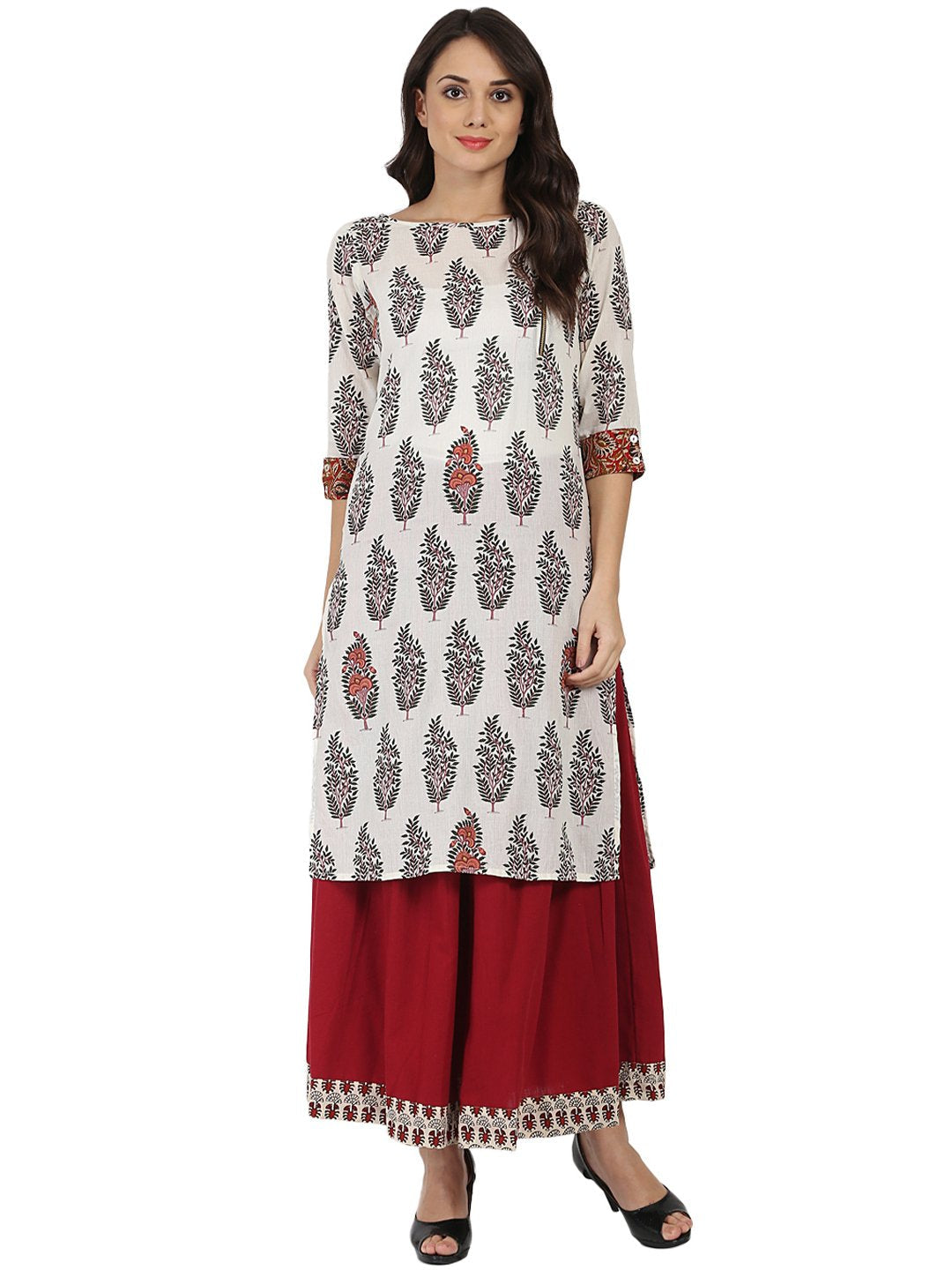 Women's Off White Printed Half Sleeve Cotton Kurta