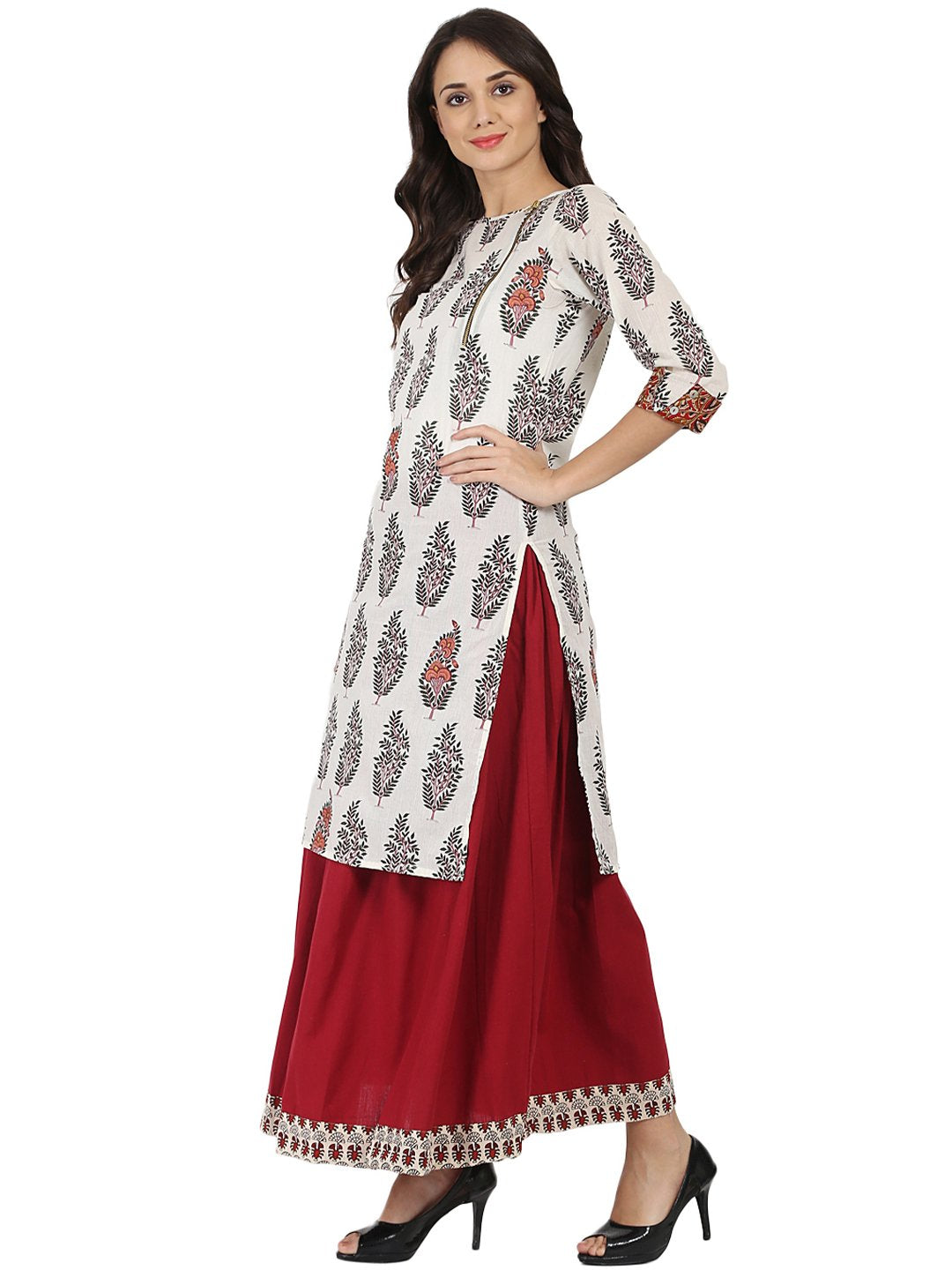 Women's Off White Printed Half Sleeve Cotton Kurta