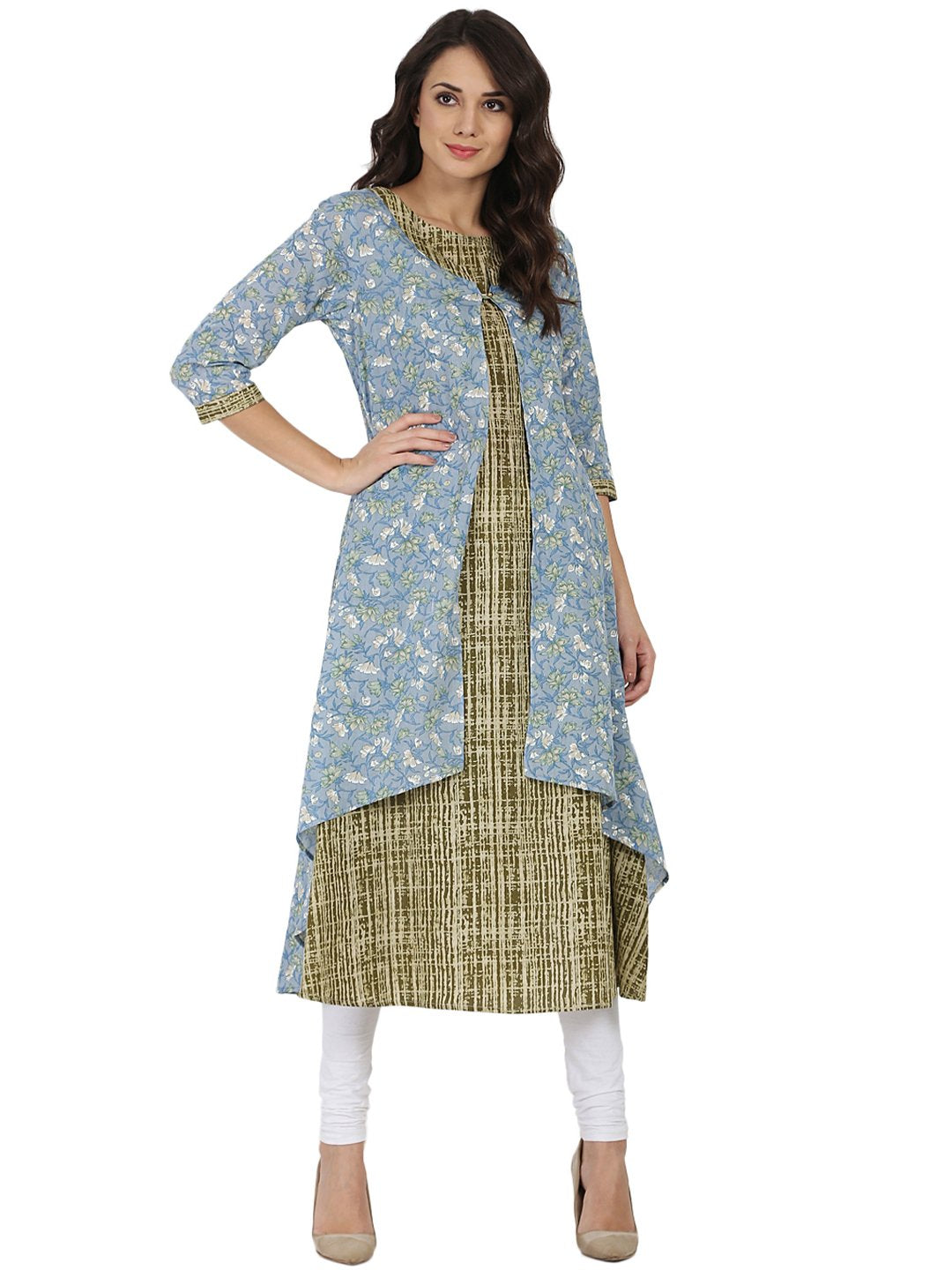 Women's Blue & Green Printed 3/4Th Sleeve Cotton Double Layer Kurta