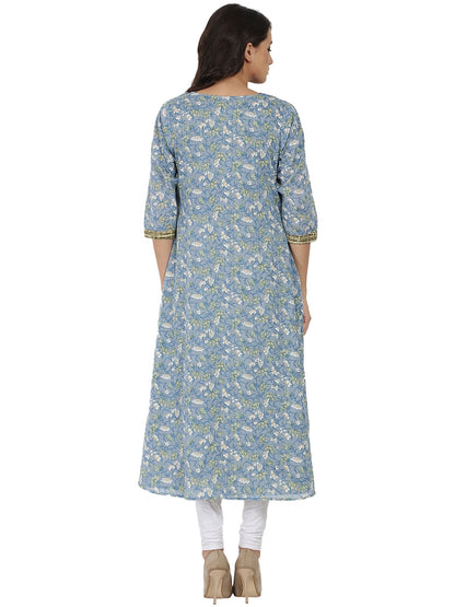 Women's Blue & Green Printed 3/4Th Sleeve Cotton Double Layer Kurta