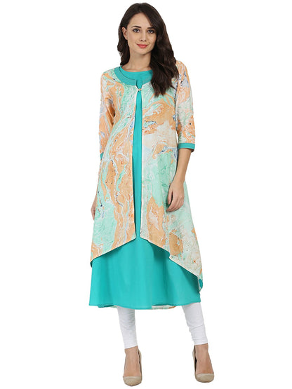 Women's Sea Green Marbal  Printed 3/4Th Sleeve Cotton Double Layer Kurta