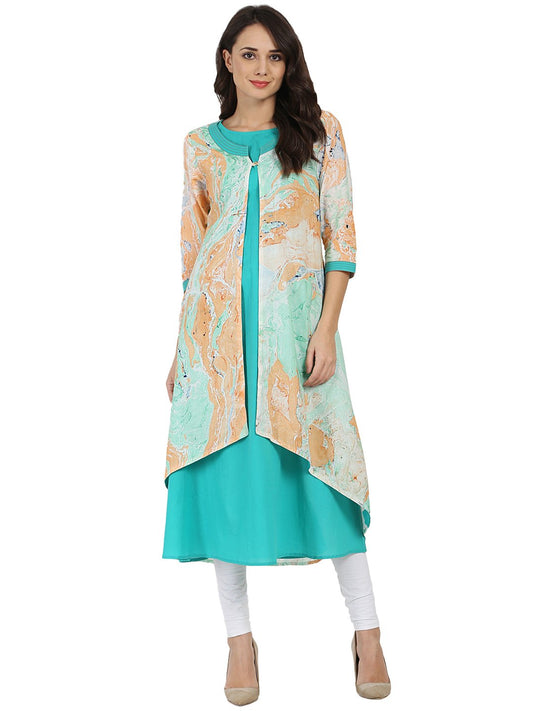 Women's Sea Green Marbal  Printed 3/4Th Sleeve Cotton Double Layer Kurta