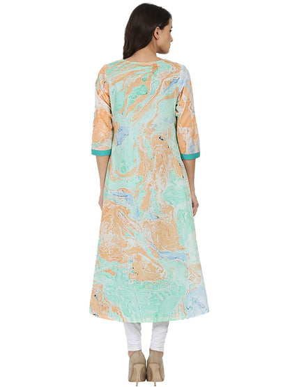Women's Sea Green Marbal  Printed 3/4Th Sleeve Cotton Double Layer Kurta