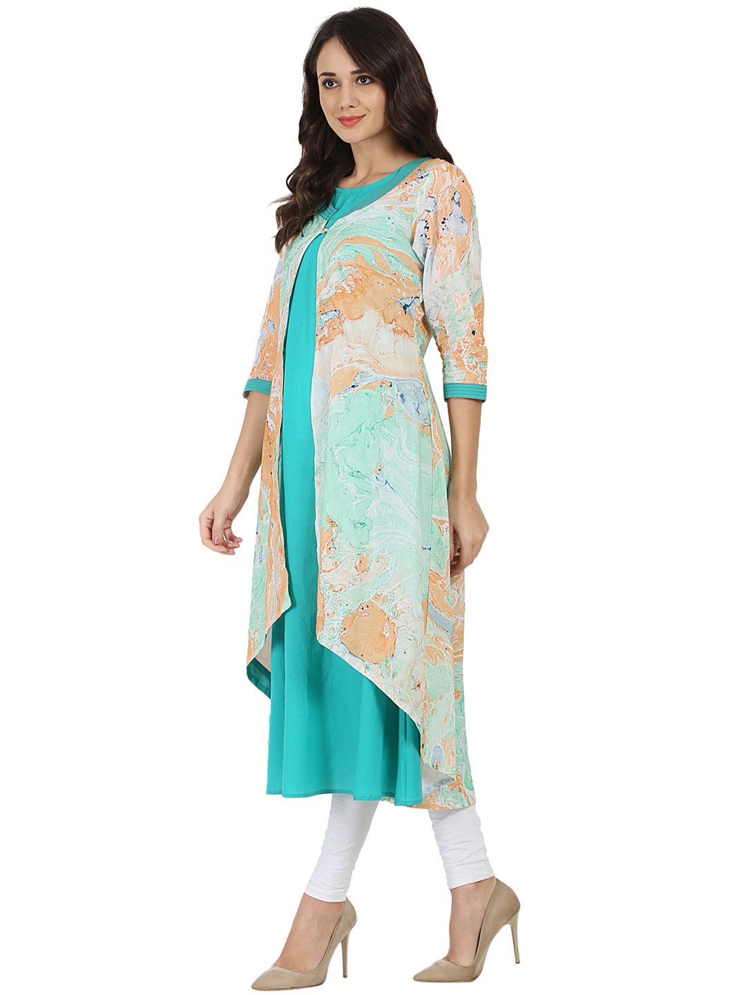 Women's Sea Green Marbal  Printed 3/4Th Sleeve Cotton Double Layer Kurta