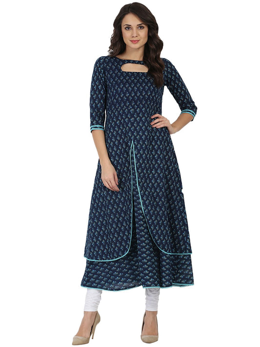 Women's Blue Printed 3/4Th Sleeve Cotton Double Layer Anarkali Kurta