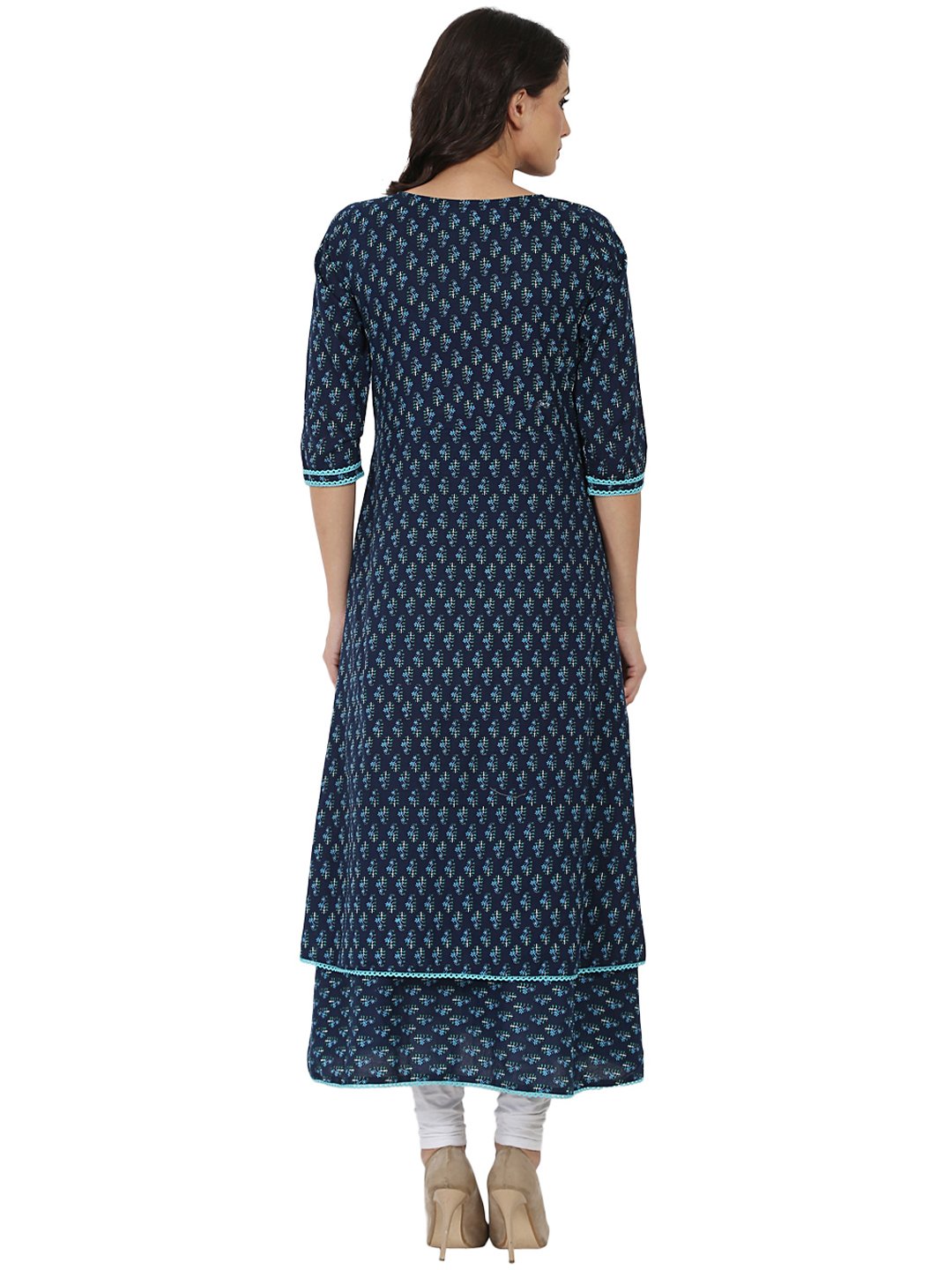 Women's Blue Printed 3/4Th Sleeve Cotton Double Layer Anarkali Kurta