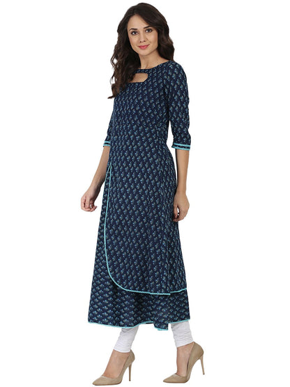 Women's Blue Printed 3/4Th Sleeve Cotton Double Layer Anarkali Kurta