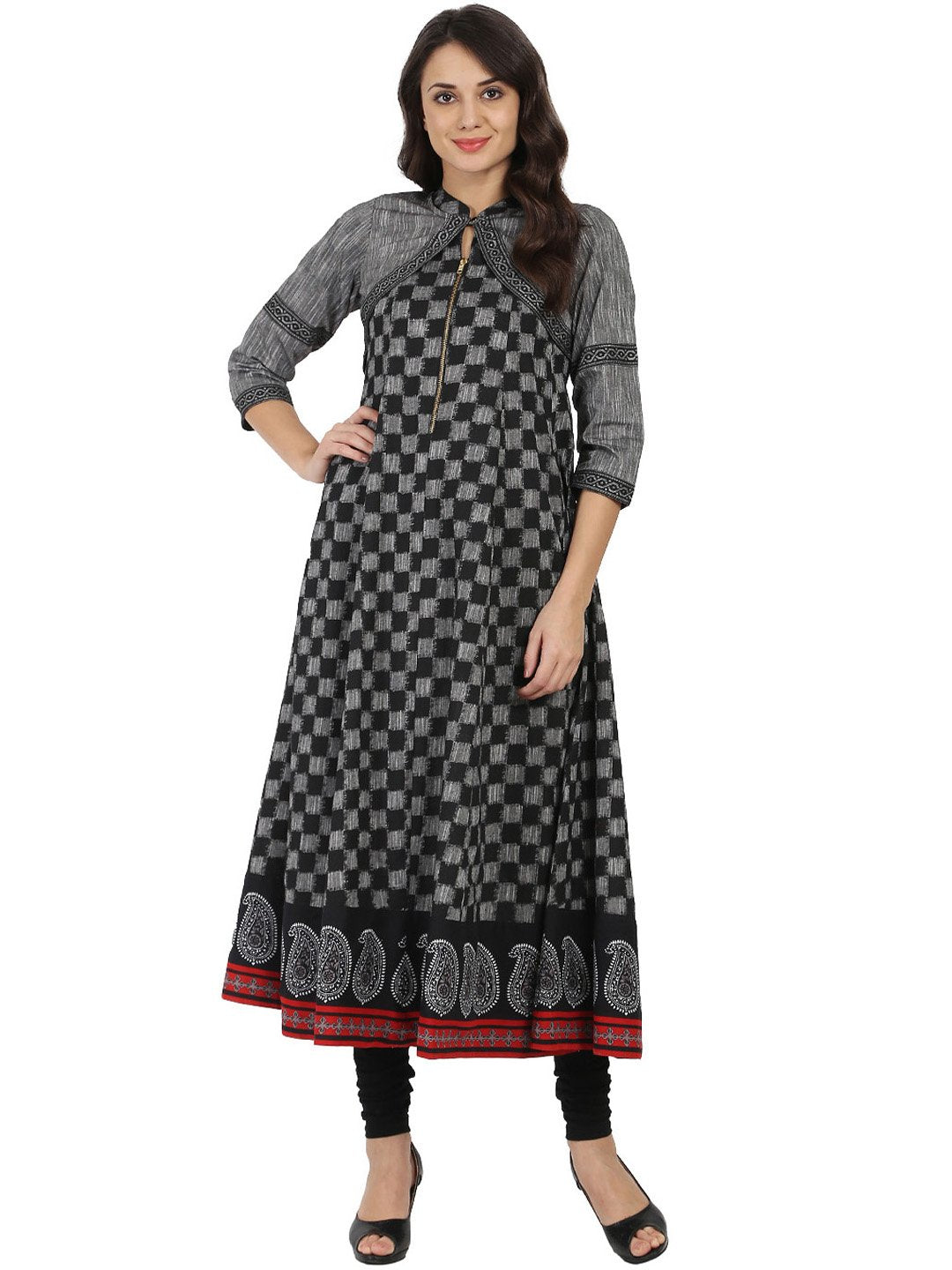 Women's Black Printed Sleeveless South Cotton Anarkali  Kurta With 3/4Th Sleeve Jacket