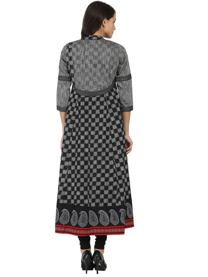 Women's Black Printed Sleeveless South Cotton Anarkali  Kurta With 3/4Th Sleeve Jacket