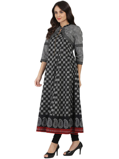Women's Black Printed Sleeveless South Cotton Anarkali  Kurta With 3/4Th Sleeve Jacket