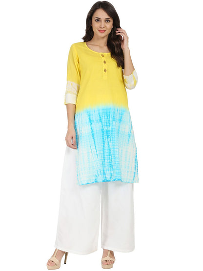 Women's Yellow & Blue Tye Dye 3/4Th Sleeve Cotton Kurta