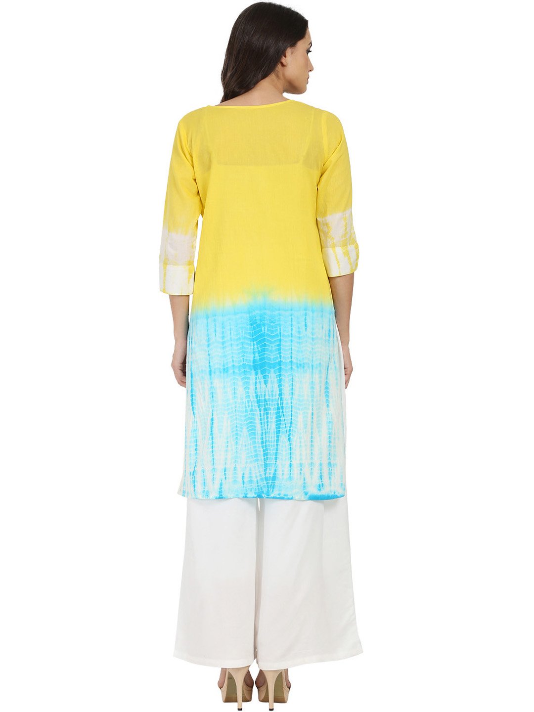 Women's Yellow & Blue Tye Dye 3/4Th Sleeve Cotton Kurta