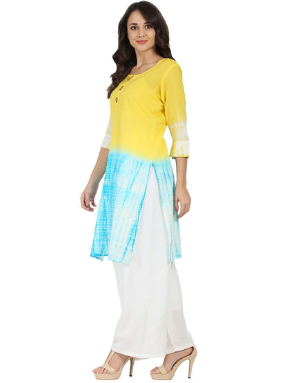 Women's Yellow & Blue Tye Dye 3/4Th Sleeve Cotton Kurta