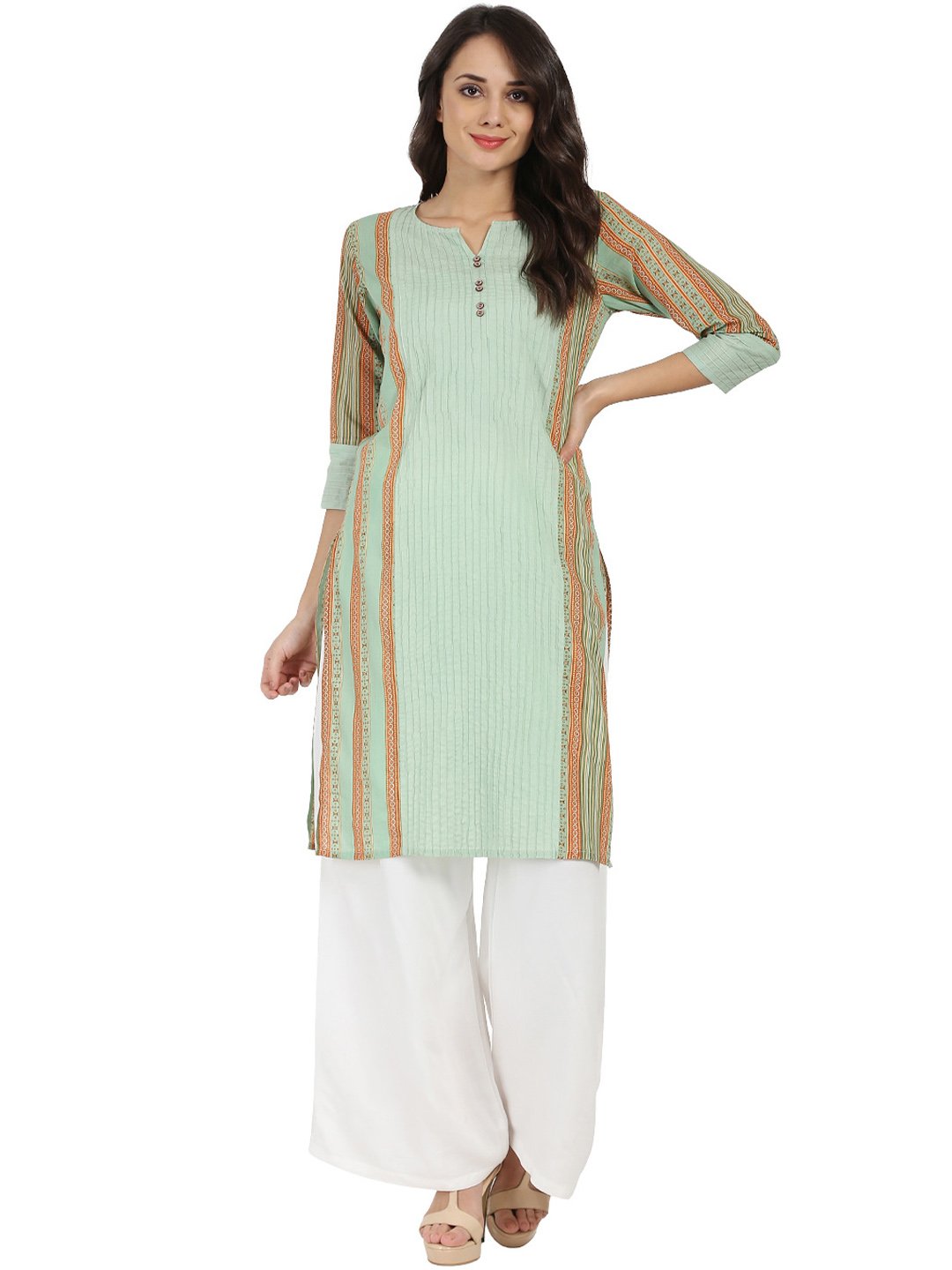 Women's Green Printed 3/4Th Sleeve Cotton Kurta
