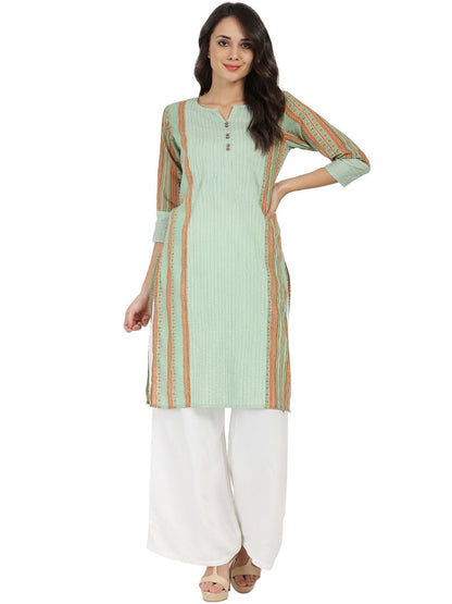 Women's Green Printed 3/4Th Sleeve Cotton Kurta
