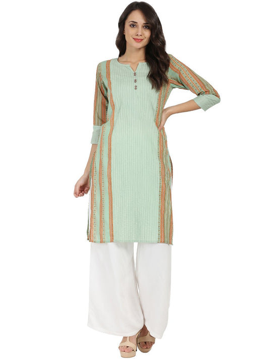 Women's Green Printed 3/4Th Sleeve Cotton Kurta