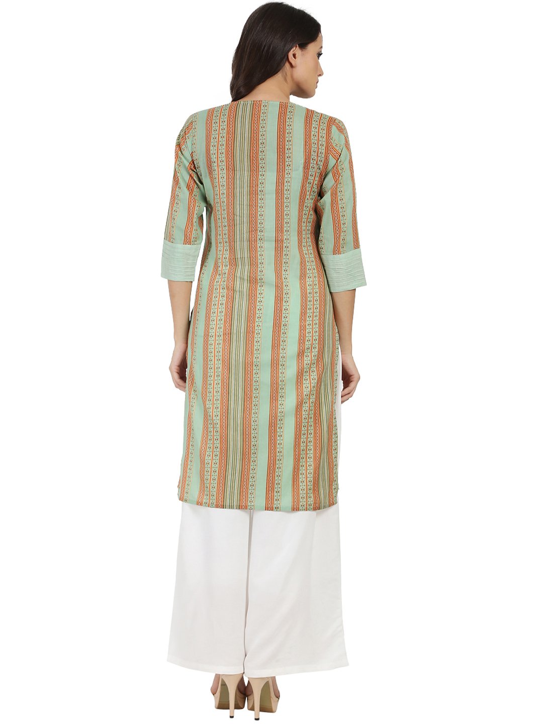 Women's Green Printed 3/4Th Sleeve Cotton Kurta
