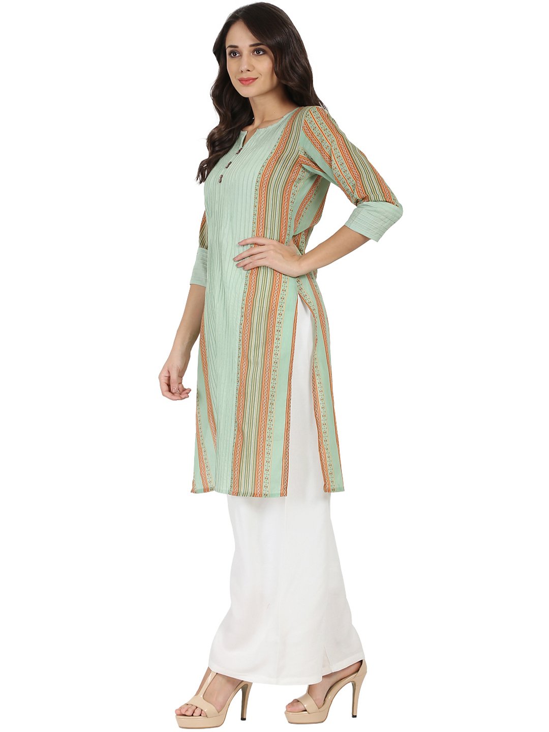 Women's Green Printed 3/4Th Sleeve Cotton Kurta