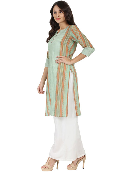 Women's Green Printed 3/4Th Sleeve Cotton Kurta