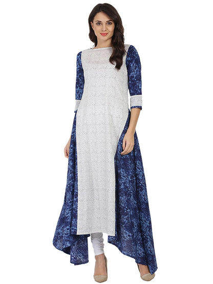 Women's White & Blue Printed 3/4Th Sleeve Cotton A-Line Kurta
