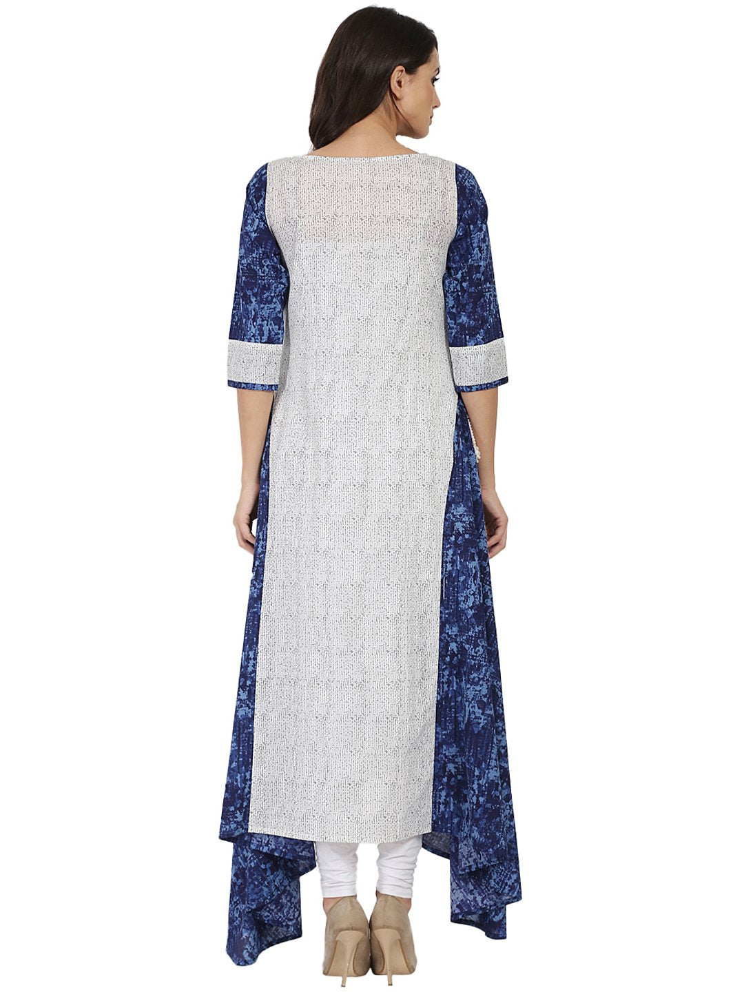 Women's White & Blue Printed 3/4Th Sleeve Cotton A-Line Kurta