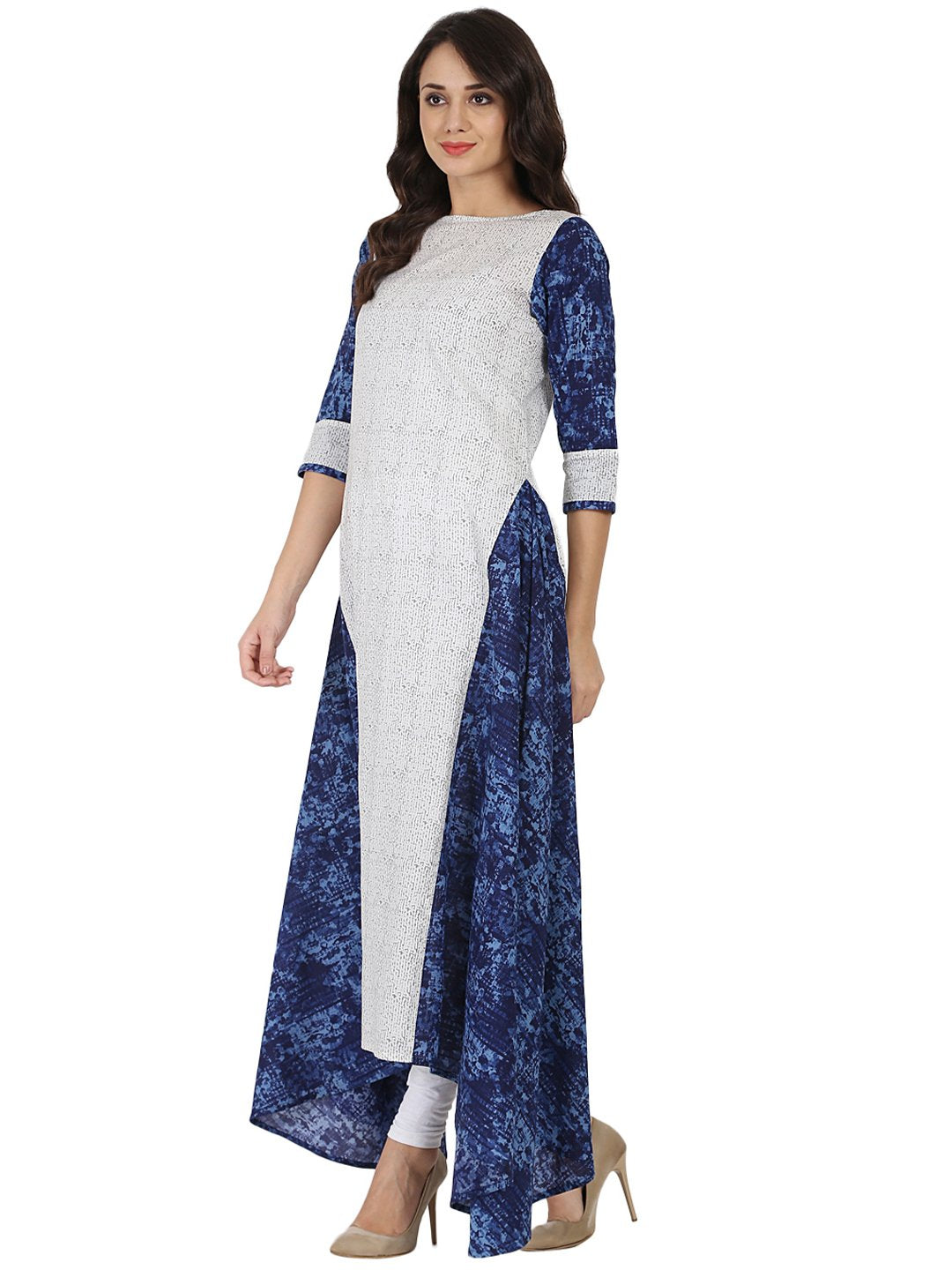 Women's White & Blue Printed 3/4Th Sleeve Cotton A-Line Kurta