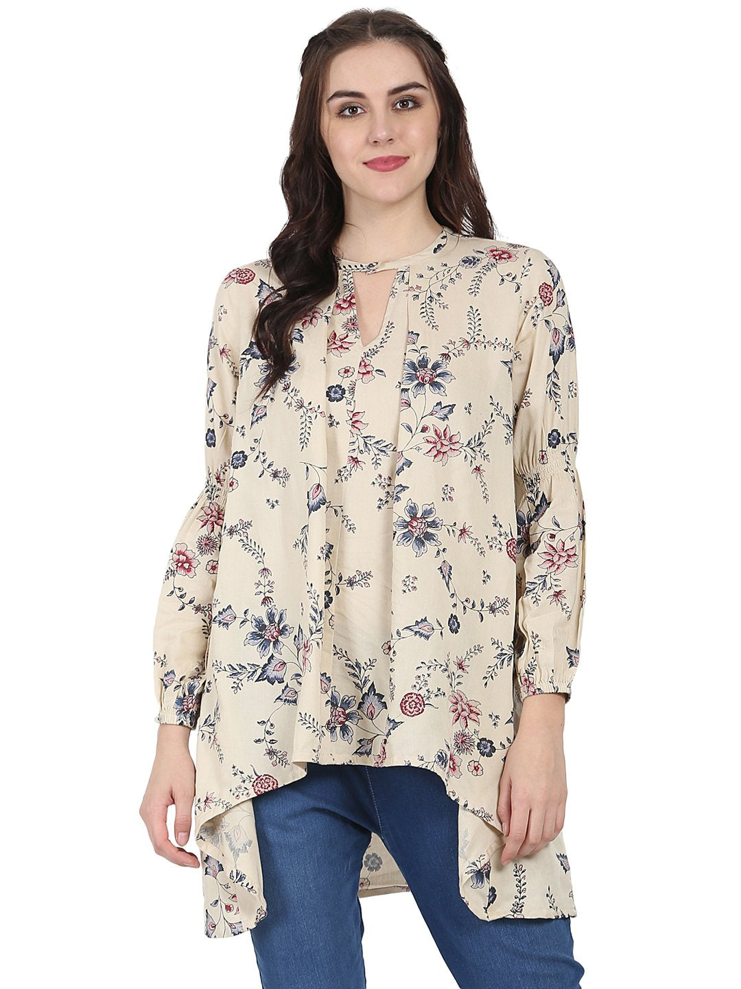 Women's Beige Printed Full Sleeve Rayon Low High Tunic