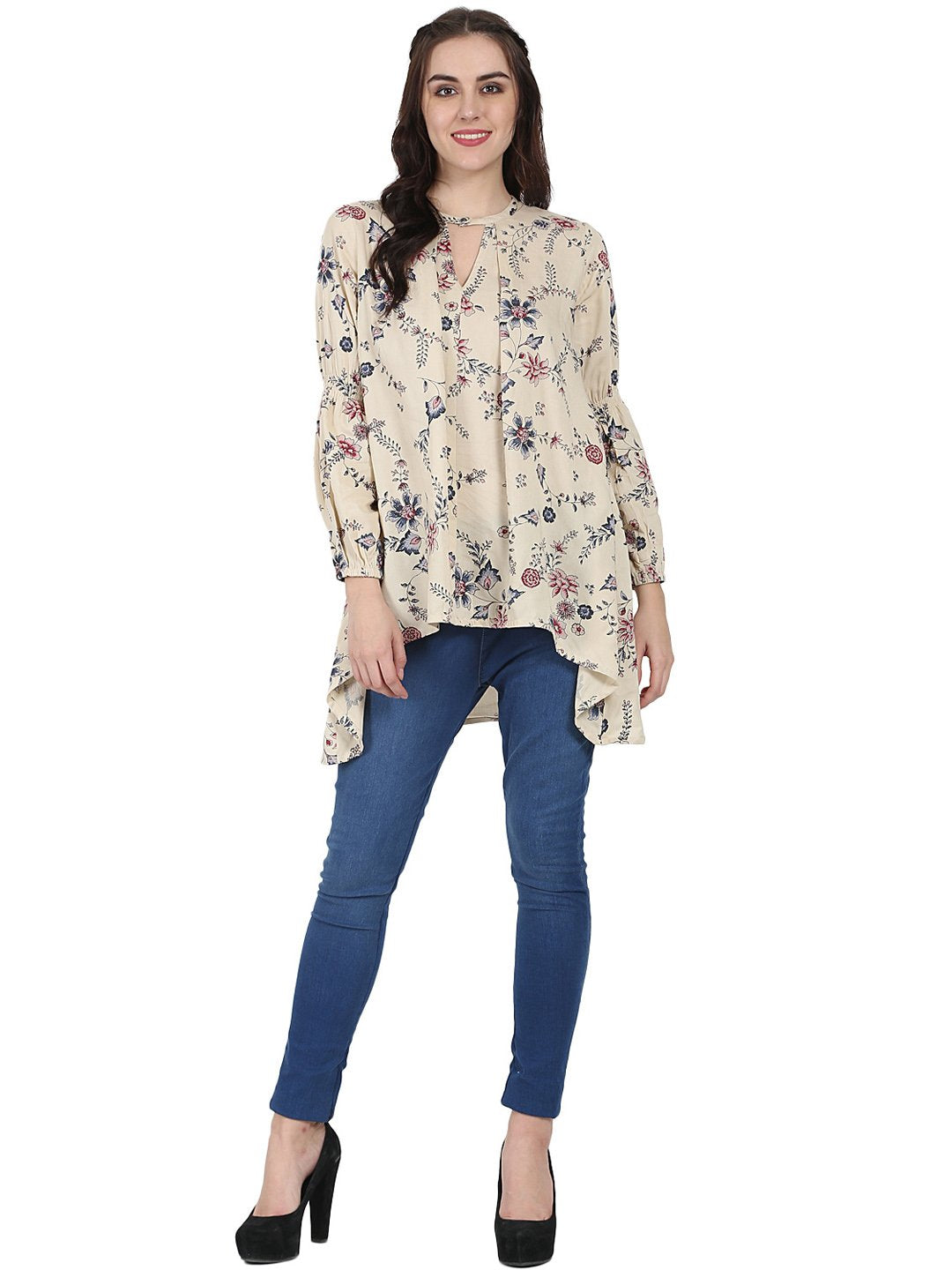 Women's Beige Printed Full Sleeve Rayon Low High Tunic