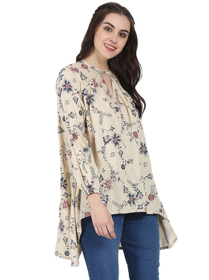 Women's Beige Printed Full Sleeve Rayon Low High Tunic