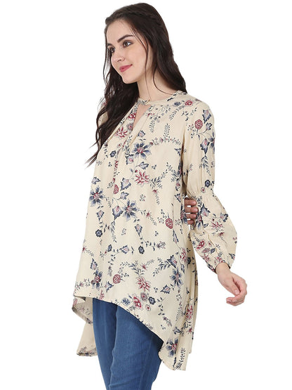Women's Beige Printed Full Sleeve Rayon Low High Tunic