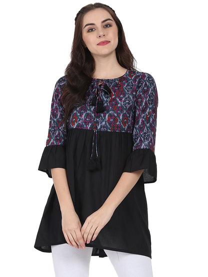 Women's Black Printed 3/4Th Sleeve Cotton Tunic