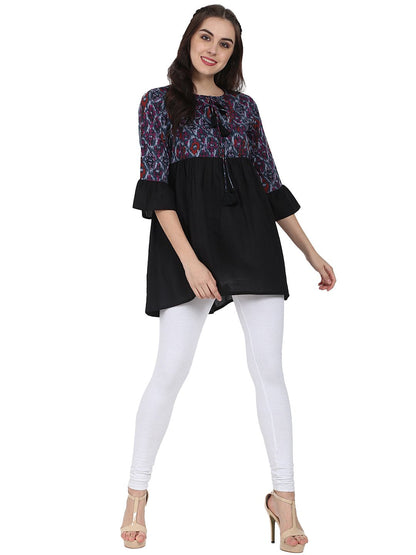 Women's Black Printed 3/4Th Sleeve Cotton Tunic
