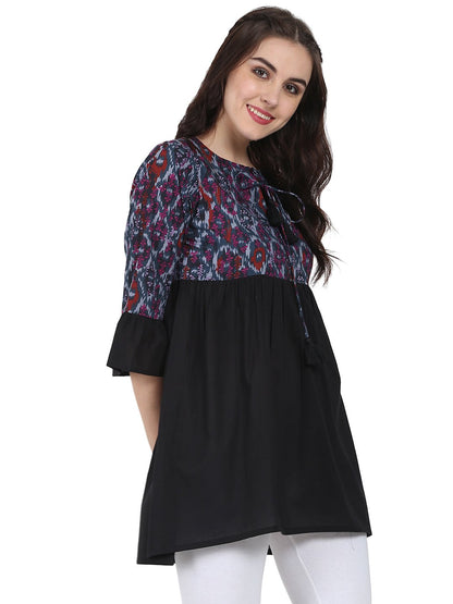 Women's Black Printed 3/4Th Sleeve Cotton Tunic