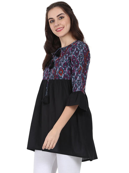 Women's Black Printed 3/4Th Sleeve Cotton Tunic