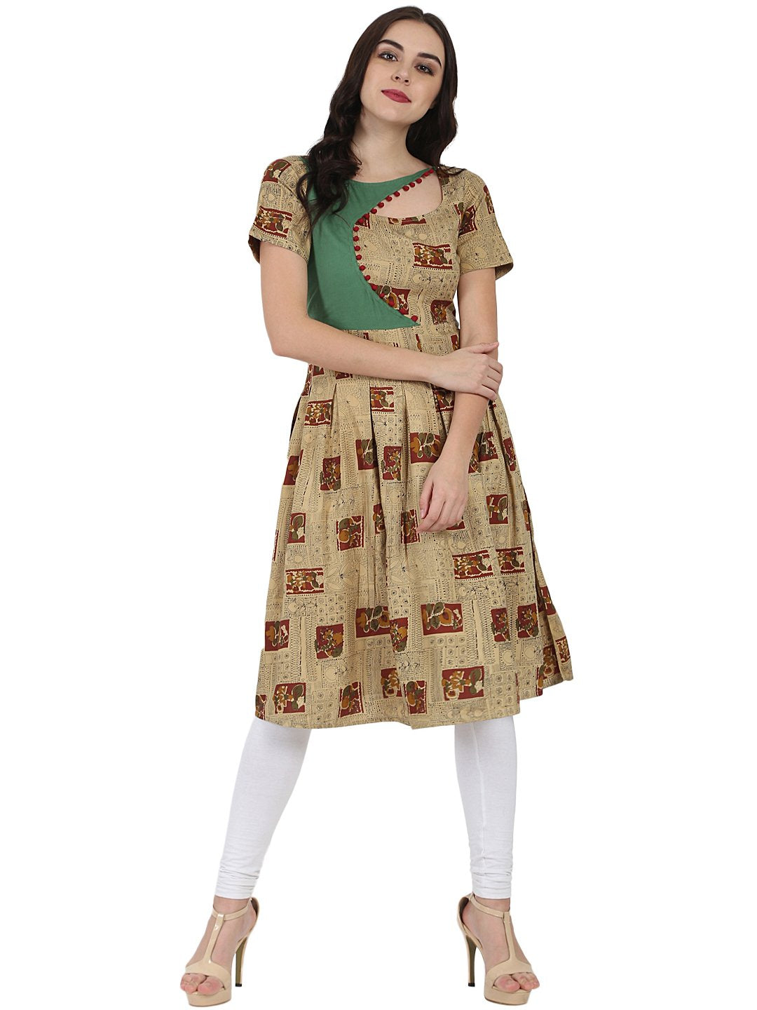 Women's Beige Printed Half Sleeve Rayon Anarkali Kurta