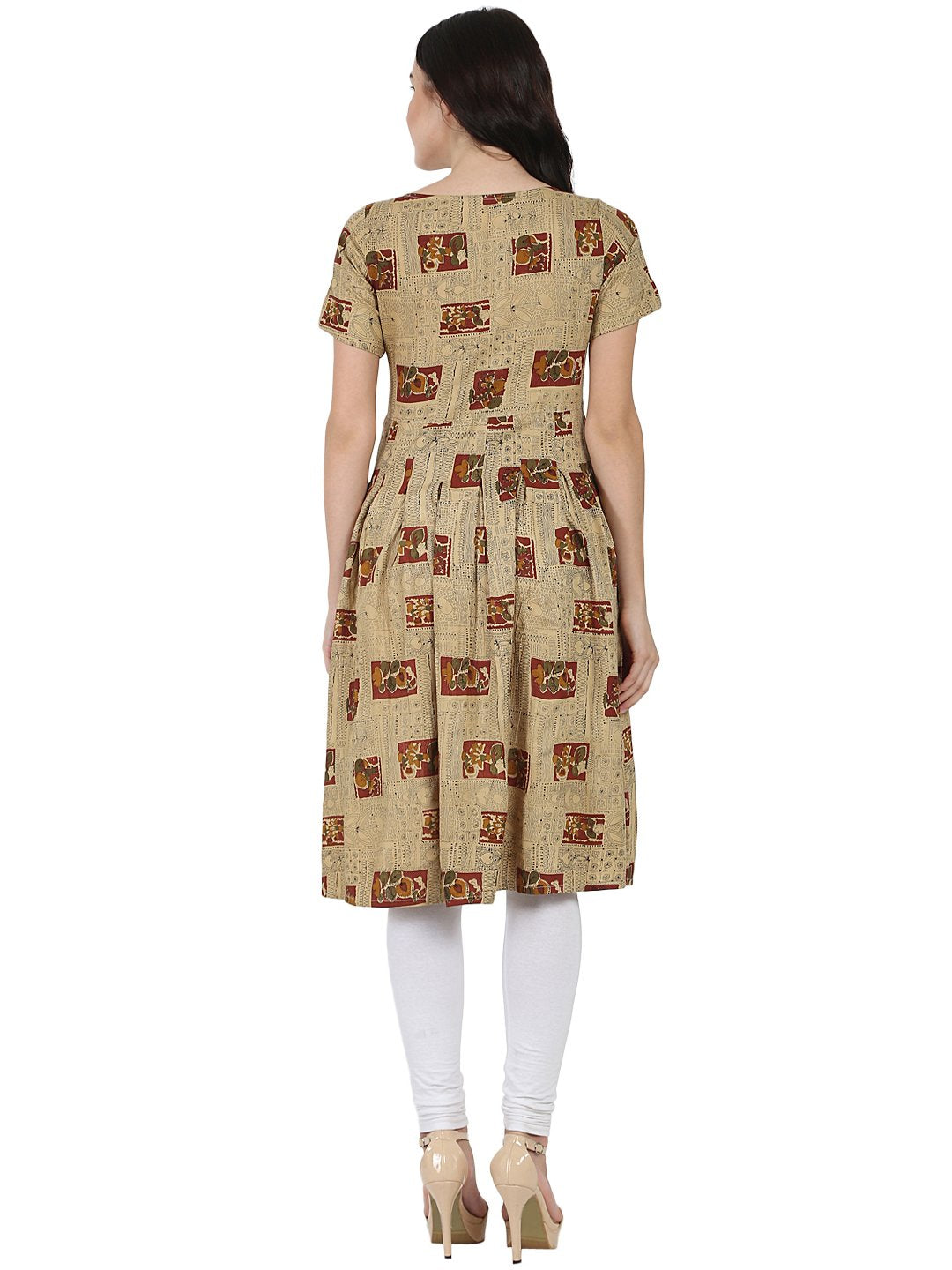Women's Beige Printed Half Sleeve Rayon Anarkali Kurta
