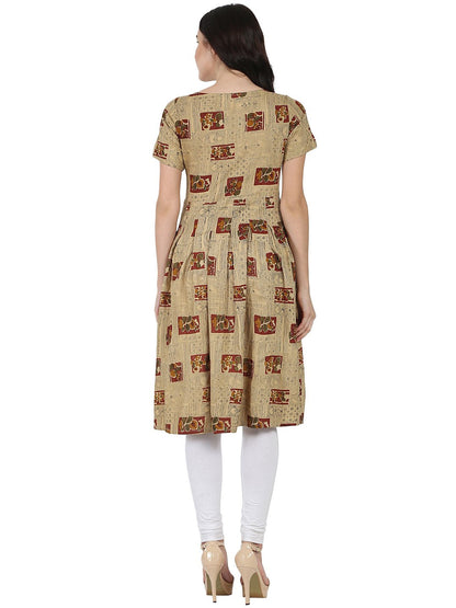 Women's Beige Printed Half Sleeve Rayon Anarkali Kurta