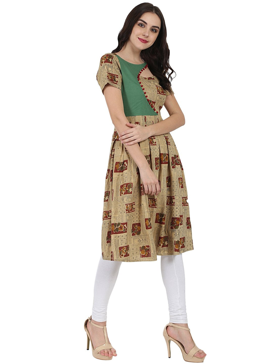 Women's Beige Printed Half Sleeve Rayon Anarkali Kurta
