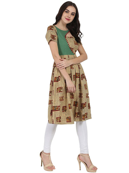 Women's Beige Printed Half Sleeve Rayon Anarkali Kurta
